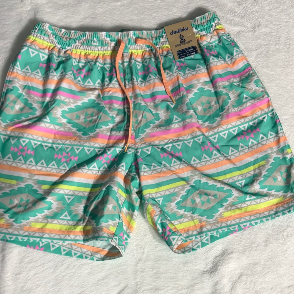 chubbies Teal Aztec Athletic Shorts with Pink & Orange Stripes